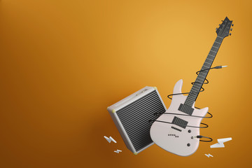 Electronic guitar with Amplifier guitar on orange background.3D rendering.