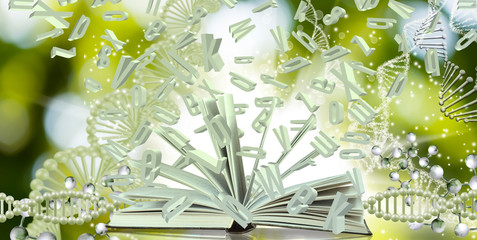 Wall Mural - image of an open book and flying letters of the alphabet