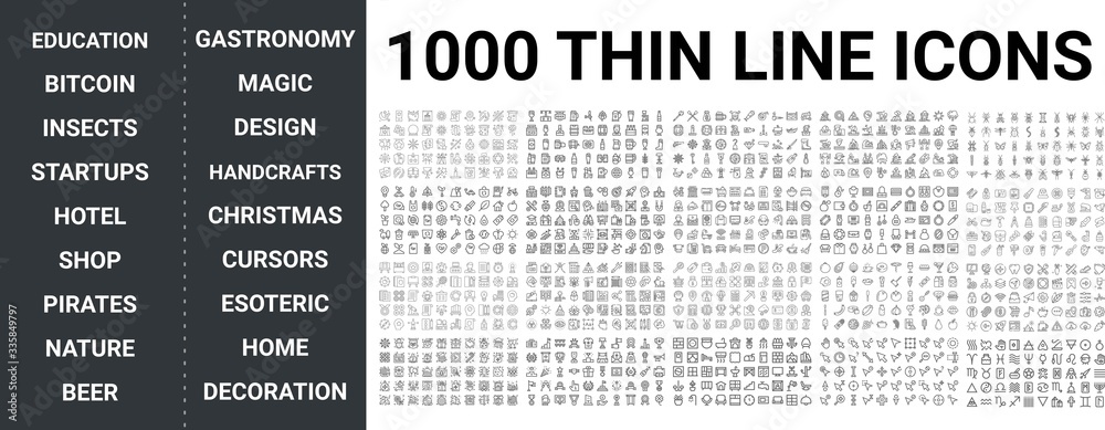 Big set of 1000 thin line icon. Education, bitcoin, insects, startup, hotel, shop, pirates, nature, beer, gastronomy, magic design, home, cursors, bitcoin, success icons, ui pack - obrazy, fototapety, plakaty 