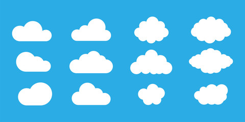 Poster - Clouds or sky vector collection on blue background. Cloud icons. Set of vector clouds. Clouds shapes.