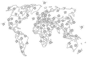  Global virus pandemic disease all over the planet, spreading on a world political map, black and white vector cartoon illustration on a white background
