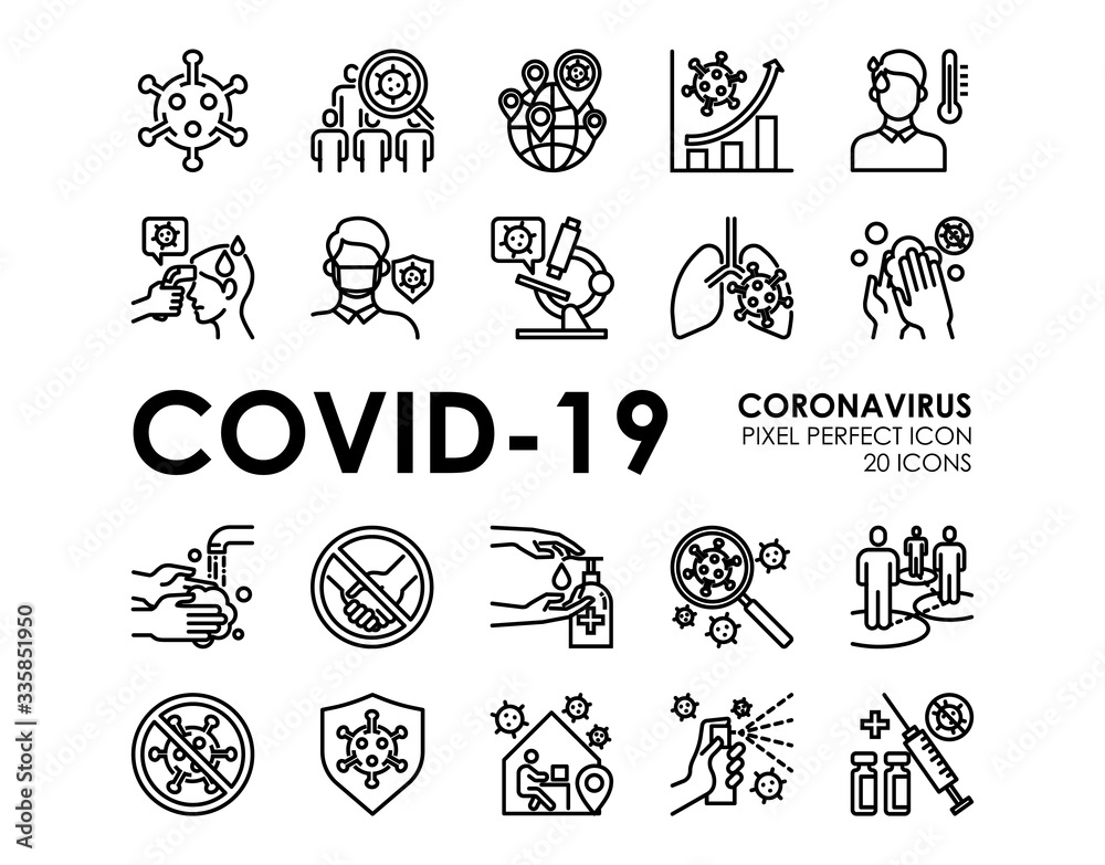 Set of Coronavirus disease COVID-19 Protection Related Vector Line Icons. Such as Covid-19 prevention, Coronavirus Symptoms, Covid outbreak, Social distancing, Editable Stroke, Pixel Perfect. - obrazy, fototapety, plakaty 