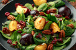 Vegan plums salad with cranberry, pumpkin seed, pecans nuts, spinach and mustard dressing