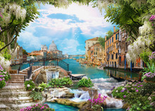 Beautiful Collage With Access To The Sea, The Ancient Houses Of Venice, Flowers And Waterfalls. Digital Collage , Mural And Fresco. Wallpaper. Poster Design. Modular Panno.