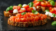 Bruschetta with sliced tomatoes, basil on rustic stone board