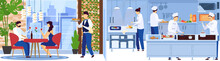 Restaurant Chef Team Cooking In Kitchen, Waiter Serves People On Romantic Date Vector Illustration. Man And Woman Couple Celebrate Anniversary In Luxury Restaurant. Professional Cook Cartoon Character