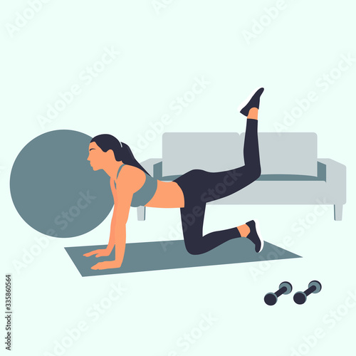 Fotografía chica joven entrenando en casa, rutina de ejercicios, mancuerdas, motivaciòn per