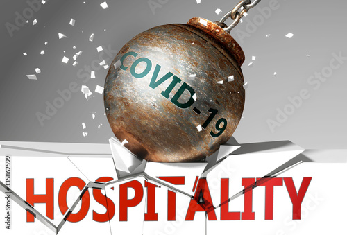 Fotomural Hospitality and coronavirus, symbolized by the virus destroying word Hospitality