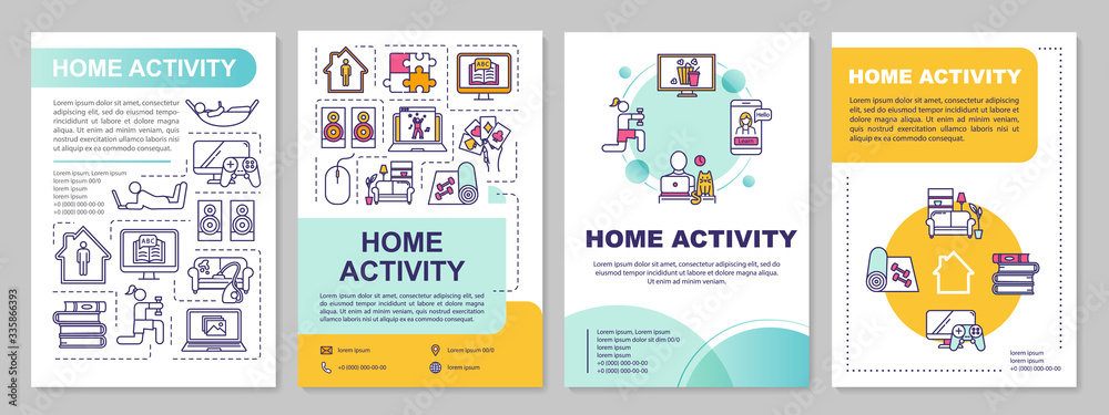 Home activity brochure template. Online education, games and fitness. Flyer, booklet, leaflet print, cover design with linear icons. Vector layouts for magazines, annual reports, advertising posters - obrazy, fototapety, plakaty 