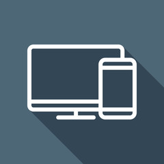 Poster - Computer and phone, outline linear icon. White flat icon with lo