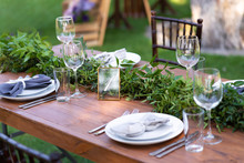 Preparing For An Open-air Party. Decorated With Fresh Flowers Served Tables. Table Number. Decoration Details