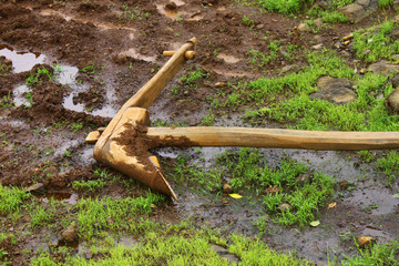 a typical wooden farming plow used with a bullock cart in Indian villages for farming