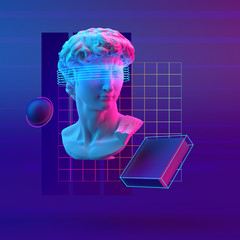 Wall Mural - 3d-illustration abstract composition of bust and primitive objects on violet background