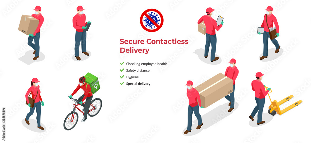 Isometric icons of delivery man and woman or courier in a medical mask and gloves delivering food to customer at home. Online purchases during a quarantine. Contactless or to the door delivery. - obrazy, fototapety, plakaty 