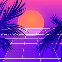 Wall Mural - Bright pink synthwave background with palm trees