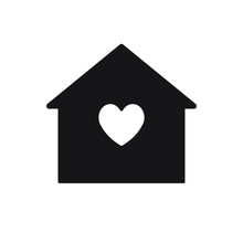 Vector Black Flat Cartoon House Silhouette With Heart Icon Isolated On White Background