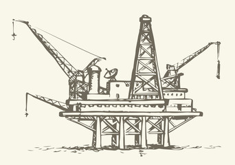 Offshore oil rig. Vector ink style illustration