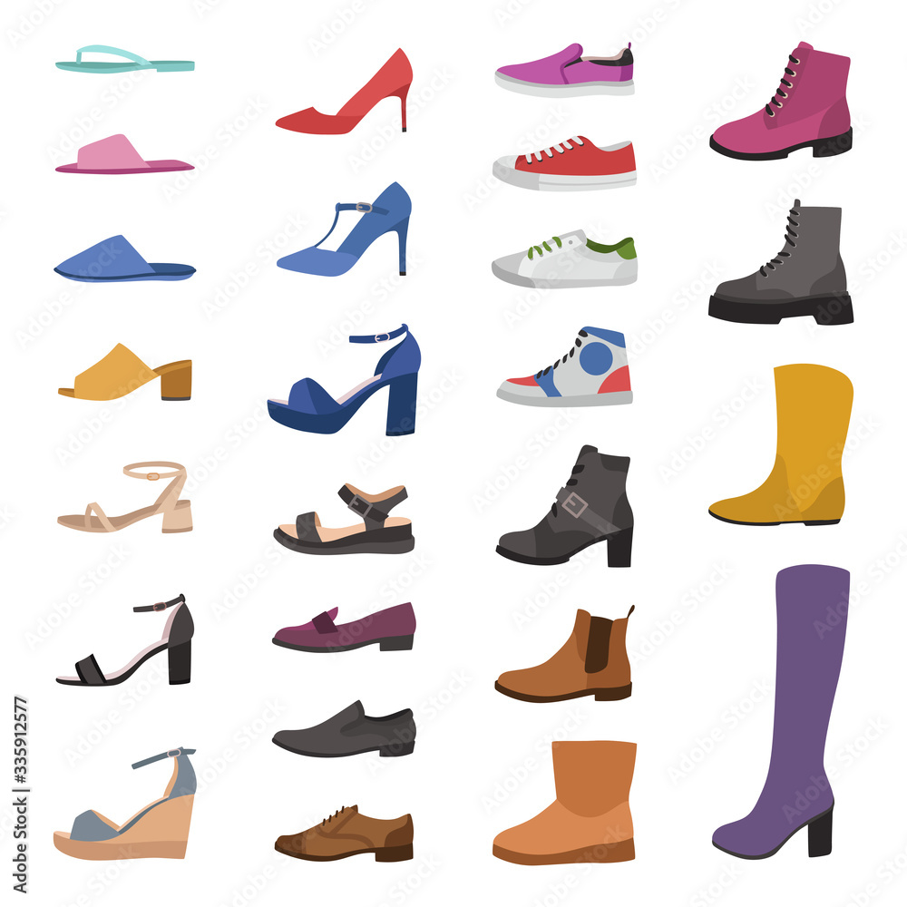 Shoes and boots. Various types footwear, mens, womens and childrens trendy casual, stylish elegant and formal shoes cartoon vector set - obrazy, fototapety, plakaty 
