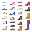 © YummyBuum - Shoes and boots. Various types footwear, mens, womens and childrens trendy casual, stylish elegant and formal shoes cartoon vector set