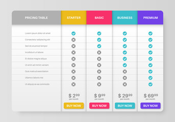 pricing tab. comparison pricing list, services cost table. menu planning compare products tariff pla