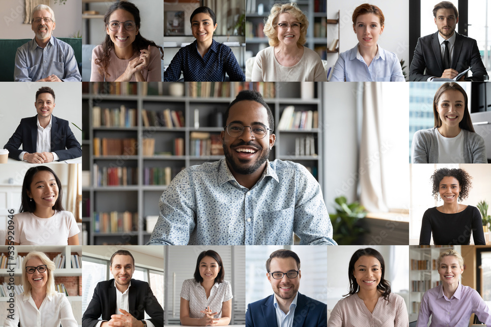 Many portraits faces of diverse young and aged people webcam view, while engaged in videoconference on-line meeting lead by african businessman leader. Group video call application easy usage concept - obrazy, fototapety, plakaty 