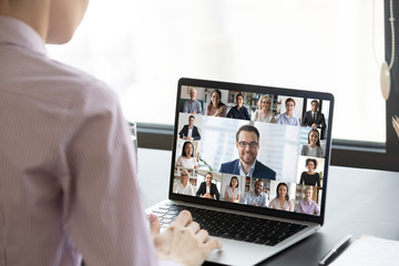 Wall Mural - multiracial people involved in group video call using modern tech videoconferencing application for 