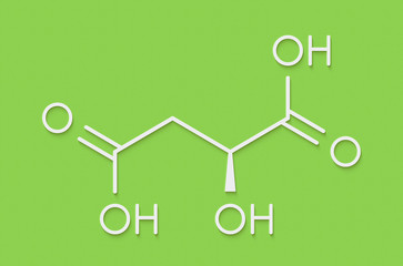 Sticker - Malic acid fruit acid molecule. Present in apples, grapes, rhubarb, etc and contributes to the sour taste of these. Skeletal formula.