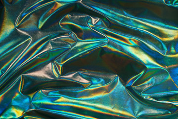 green with a blue tint, shiny crumpled fabric, iridescent rainbow fabric. holographic iridescent mer