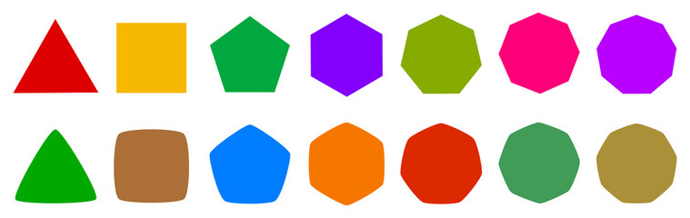 Poster - Set of geometric shapes, polygons with various number of sides: triangle, quadrangle, pentagon, hexagon, heptagon, octagon, nonagon icons collection, sharp and slightly rounded version - stock vector