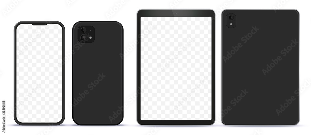 Black Mobile Phone and Tablet Computer Mock-Up With Front and Back Side View.  - obrazy, fototapety, plakaty 