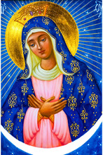 Icône Russe Orthodoxe Sainte Vierge Marie Dieu Bleu étoile Or Couronne Rayon Soleil Peinture Lune Lumière Amour