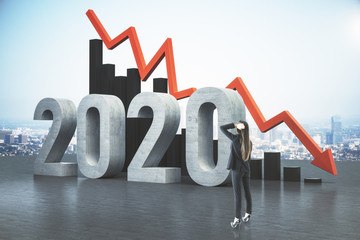 Sticker - Businesswoman looking on declining chart and falling red arrow