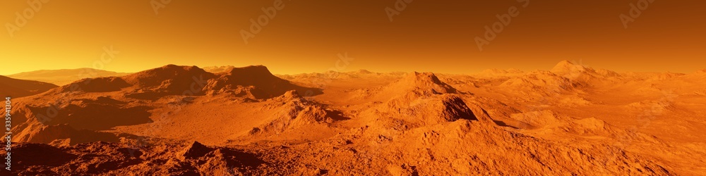 Wide panorama of mars - the red planet - landscape with mountains and impact crater during sunrise or sunset - obrazy, fototapety, plakaty 
