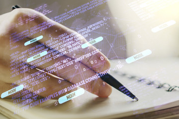 Poster - Double exposure of abstract creative programming illustration with world map and man hand writing in notepad on background, big data and blockchain concept