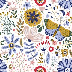 Wall Mural - Seamless vector floral colorful pattern. Ornate flower spring and summer botanical butterfly art in a modern flat style. Romantic garden color illustration on a white background.