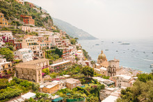View Of The Town Of Positano With Flowers