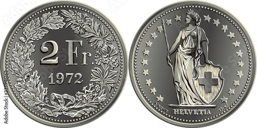 Fotografía 2 Swiss francs coin, reverse 2 Fr in wreath of oak leaves and gentian, obverse H