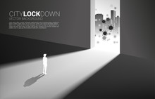 Silhouette Of Man Lock Down Inside Building From Virus Outside . Concept Of City Lock Down Social Distancing And Isolation.