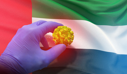 Coronavirus COVID-19 outbreak concept, health threatening virus, background waving national flag of United Arab Emirates. Pandemic stop Novel Coronavirus outbreak covid-19 3D illustration.