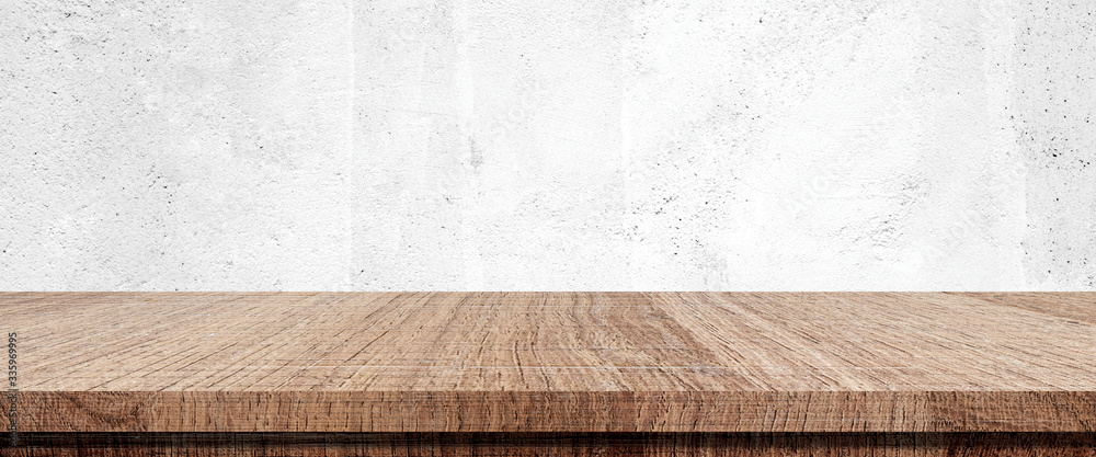 Wood table and white wall background in kitchen, Wooden shelf, counter for food and product display in room background, Wood table top, desk surface banner, mockup, template - obrazy, fototapety, plakaty 
