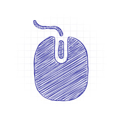 Poster - computer mouse icon. Hand drawn sketched picture with scribble fill. Blue ink. Doodle on white background