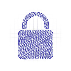 Poster - lock icon. Hand drawn sketched picture with scribble fill. Blue ink. Doodle on white background