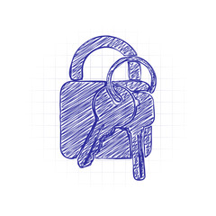 Poster - lock with keys icon. Hand drawn sketched picture with scribble fill. Blue ink. Doodle on white background