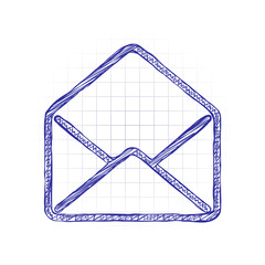 Poster - mail open icon. Hand drawn sketched picture with scribble fill. Blue ink. Doodle on white background