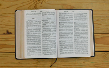 open bilingual bible book on Joel, Spanish and english 