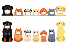 Cute Cartoon Cats And Dogs With Medical Mask Border Set