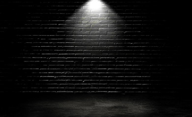 Wall Mural - empty space of studio dark room black brick wall and spotlight with concrete floor for showing produ
