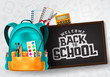 © ZeinousGDS - Welcome back to school vector concept design. Welcome back to school typography in chalkboard space for text with school supplies and education elements in patterned background. Vector illustration.