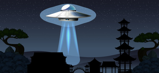 Sticker - Background scene with UFO flying in dark sky