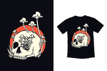 Skull With Mushroom Illustration For Black T Shirt Design
